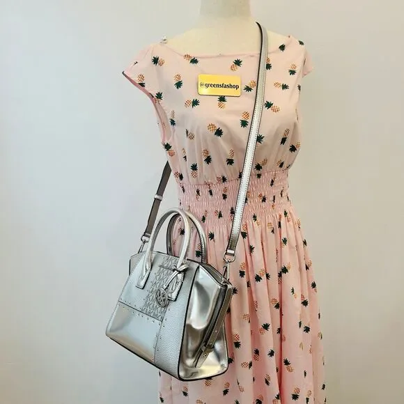 Michael Kors Purse Avril Small Leather Satchel Crossbody Bag Silver